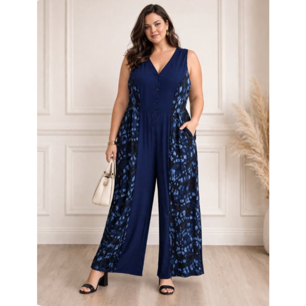 Melissa McCarthy Navy Blue Print Plus Size 2X Sleeveless Jumpsuit Romper NWT